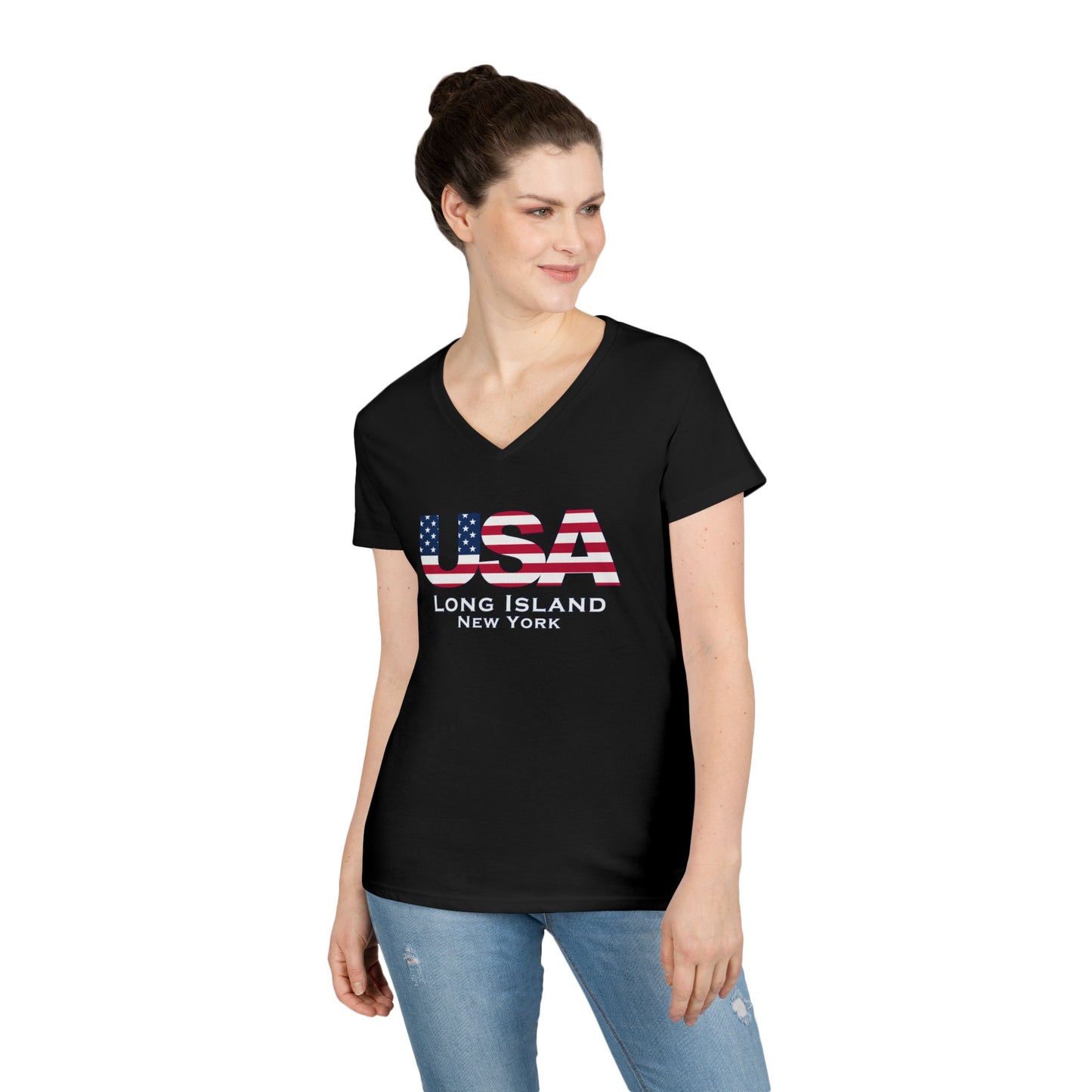 USA What's Up Long Island? Ladies' V-Neck T-Shirt | Patriotic Top, Summer Wear, Travel Tee, Gift for Her, Independence Day