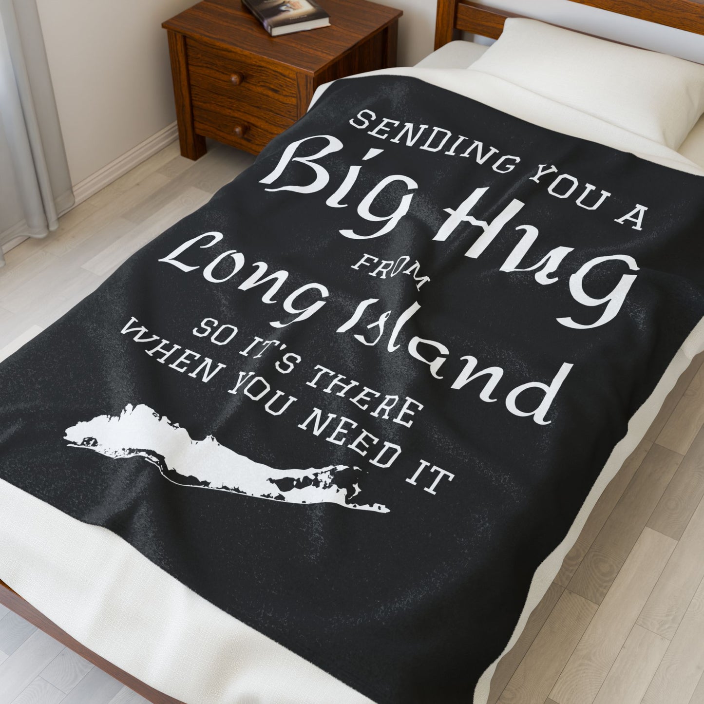 Sending You a Big Hug from Long Island- Black Big Hug Velveteen Plush Blanket - What's Up Long Island?