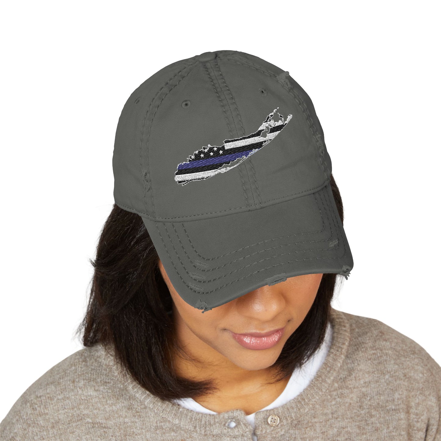 What's Up Long Island? Distressed Embroidered Hat — Thin Blue Line Vintage Cap