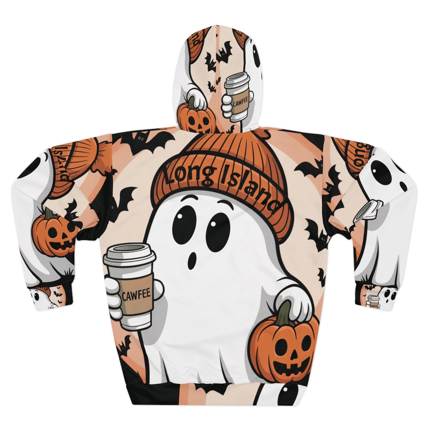 What's Up Long Island? Cawfee Ghost - Unisex Pullover All-Over Print Hoodie, Cozy Sweatshirt