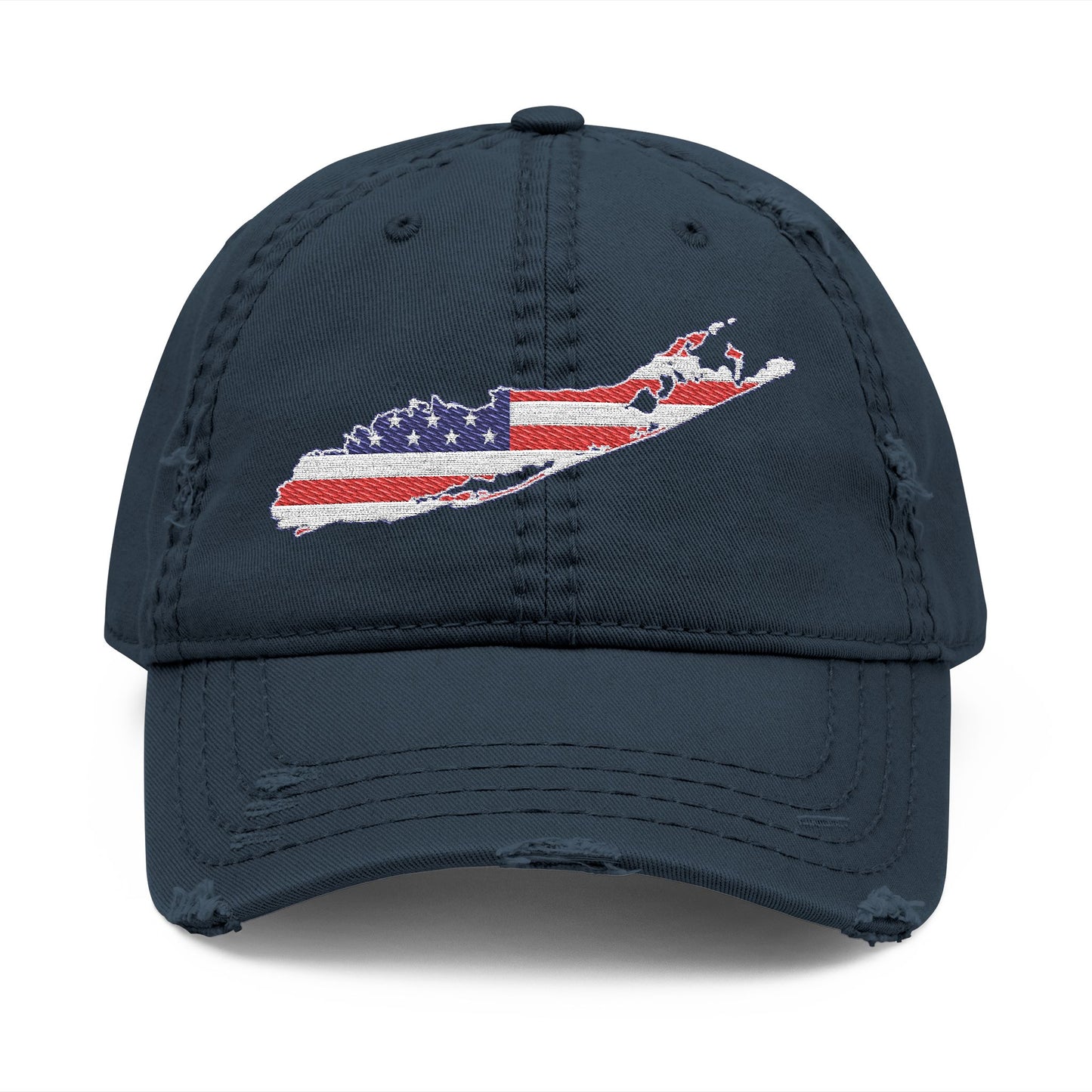 What's Up Long Island? Distressed Embroidered USA Flag Hat — Long Island American State Baseball Cap