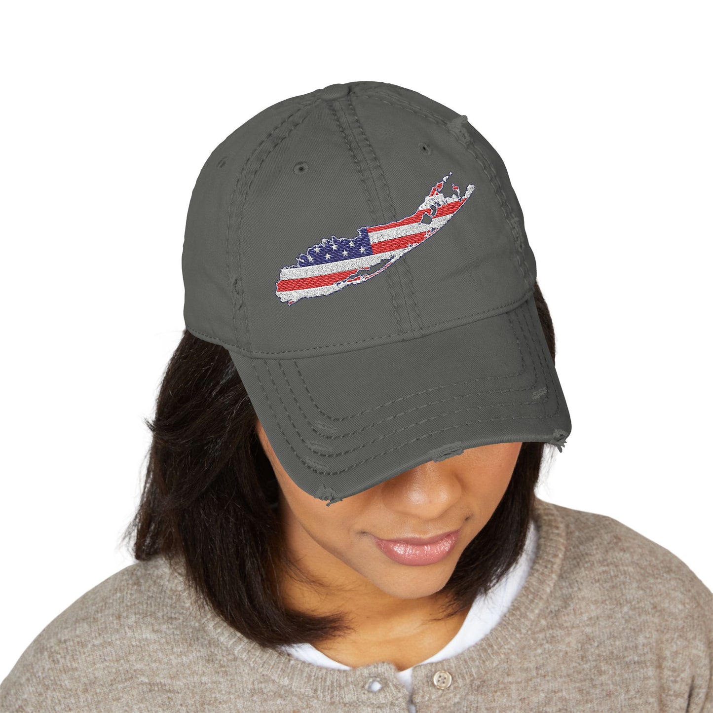 What's Up Long Island? Distressed Embroidered USA Flag Hat — Long Island American State Baseball Cap