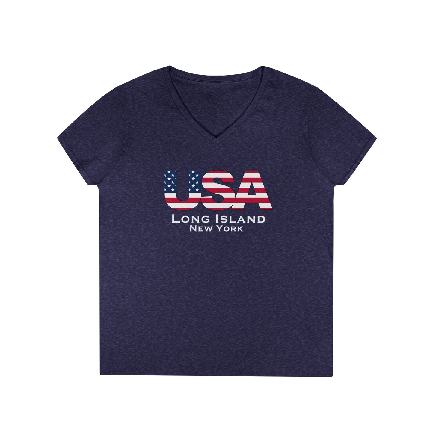 USA What's Up Long Island? Ladies' V-Neck T-Shirt | Patriotic Top, Summer Wear, Travel Tee, Gift for Her, Independence Day