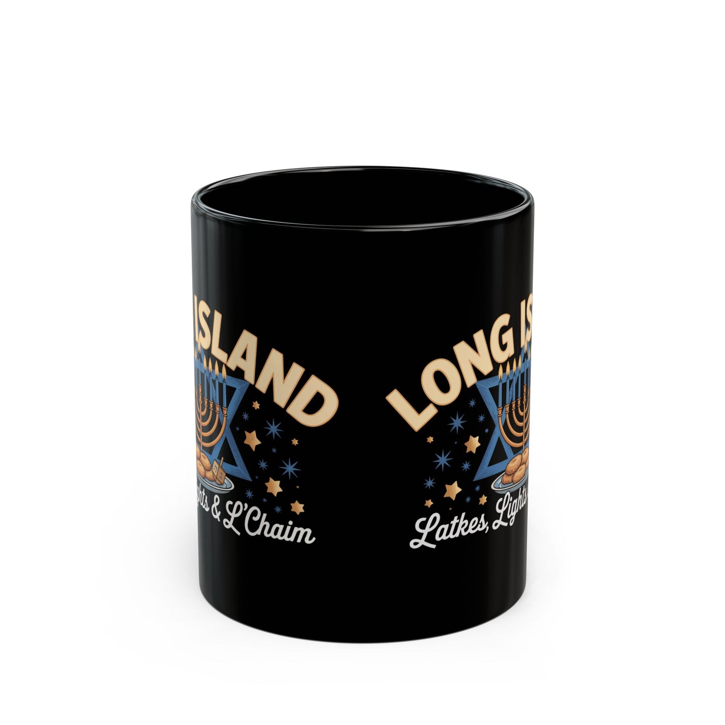 What's Up Long Island? Hanukkah Mug, Festive Black Coffee Cup, Latkes & L'Chaim Gift, Jewish Holiday Decor, Menorah Design