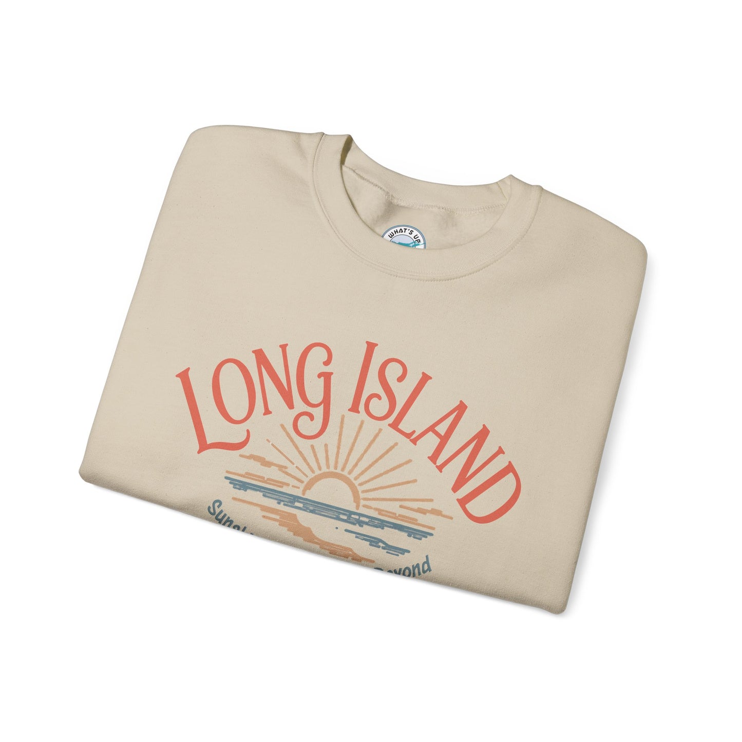 What's Up Long Island? Sunshine, Shorelines & Beyond - Sunset Crewneck Sweatshirt – Beach Vibes, Shoreline Graphic