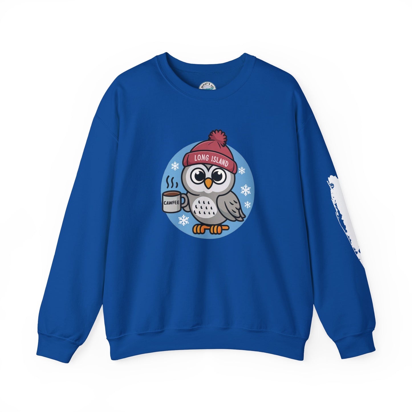 What's Up Long Island?  Cawfee Theme, Cute Winter Owl Sweatshirt, Holiday Gift, Cozy Winter Wear, Unisex Apparel
