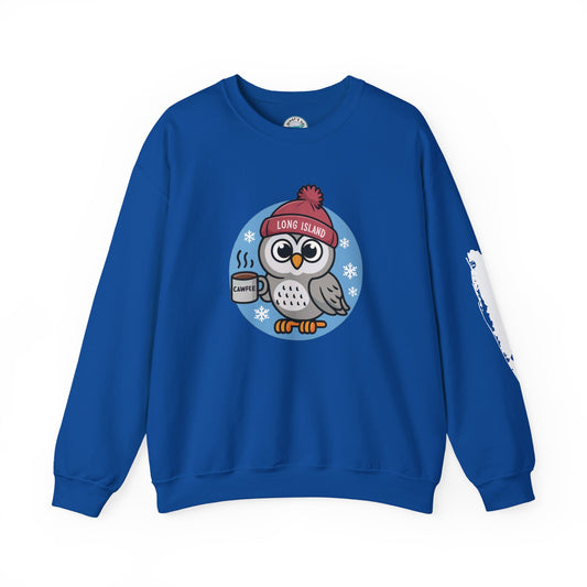 What's Up Long Island?  Cawfee Theme, Cute Winter Owl Sweatshirt, Holiday Gift, Cozy Winter Wear, Unisex Apparel