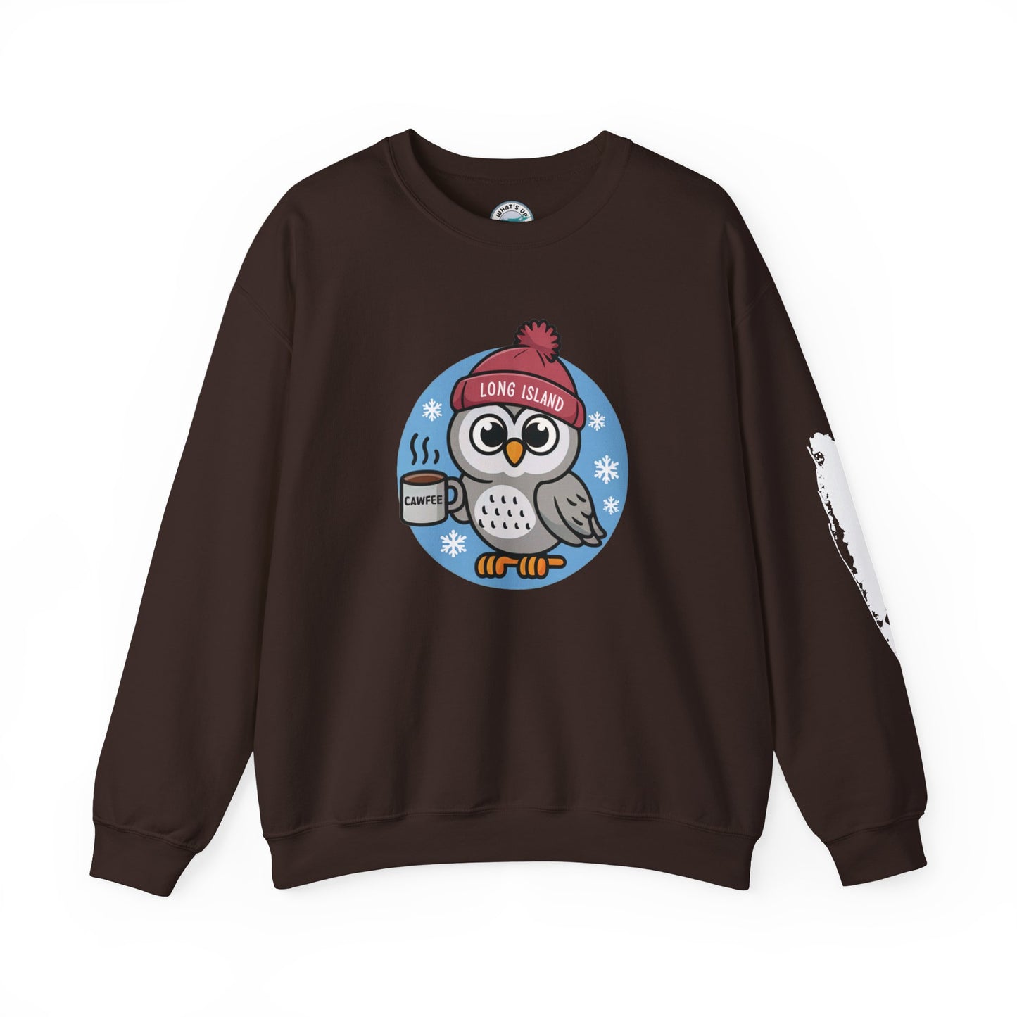 What's Up Long Island?  Cawfee Theme, Cute Winter Owl Sweatshirt, Holiday Gift, Cozy Winter Wear, Unisex Apparel