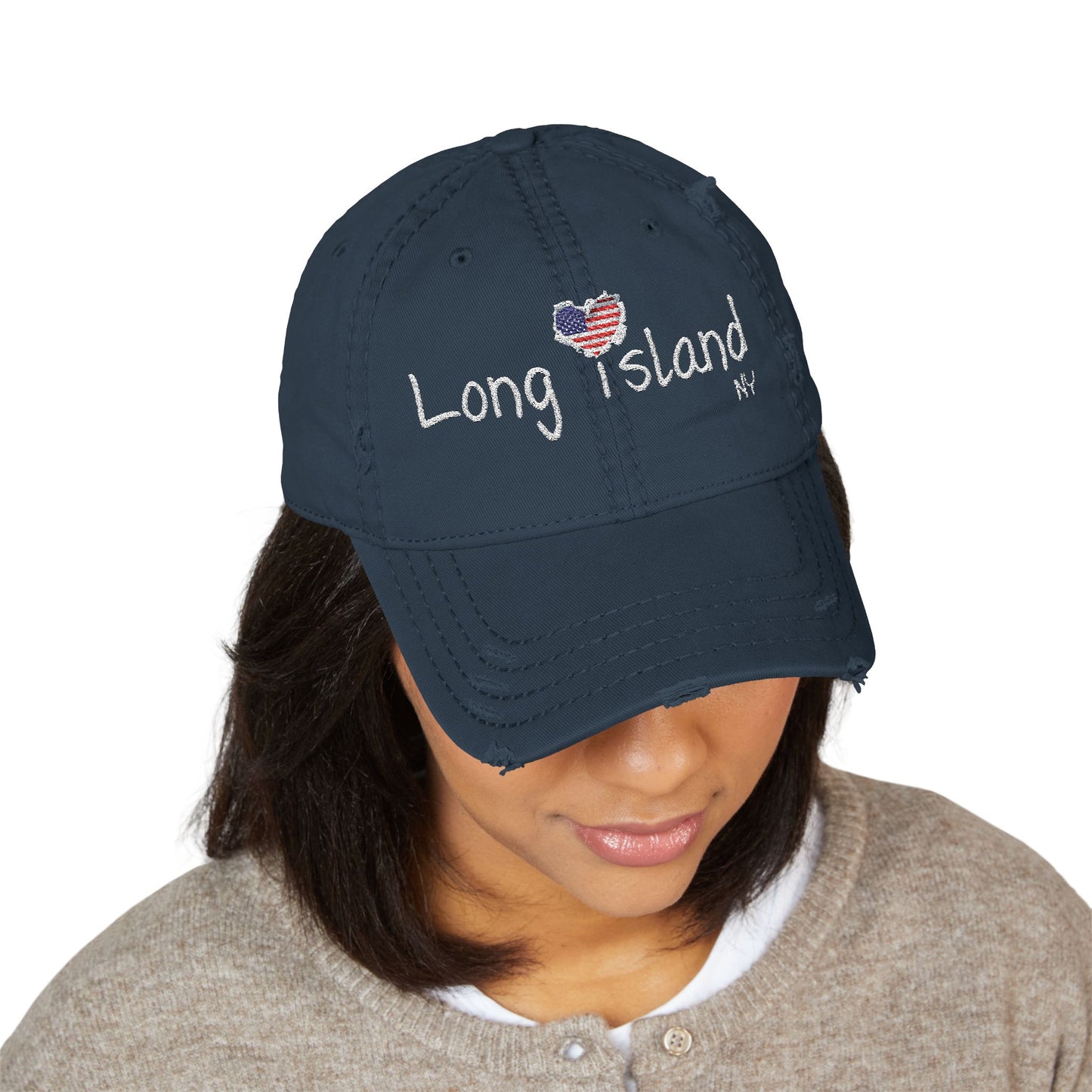 What's Up Long Island? NY Embroidered Distressed Hat with American Heart