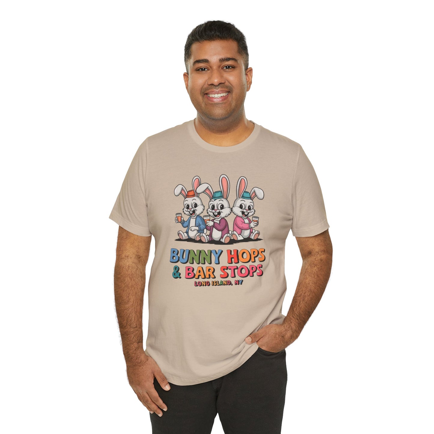What's Up Long Island?  Bunny Hops & Bar Stops Long Island, NY - Unisex T-Shirt - Fun Easter & Spring Graphic Tee