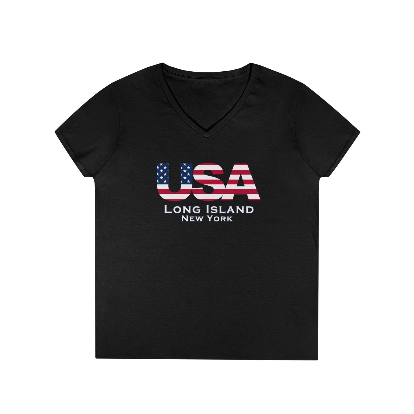 USA What's Up Long Island? Ladies' V-Neck T-Shirt | Patriotic Top, Summer Wear, Travel Tee, Gift for Her, Independence Day