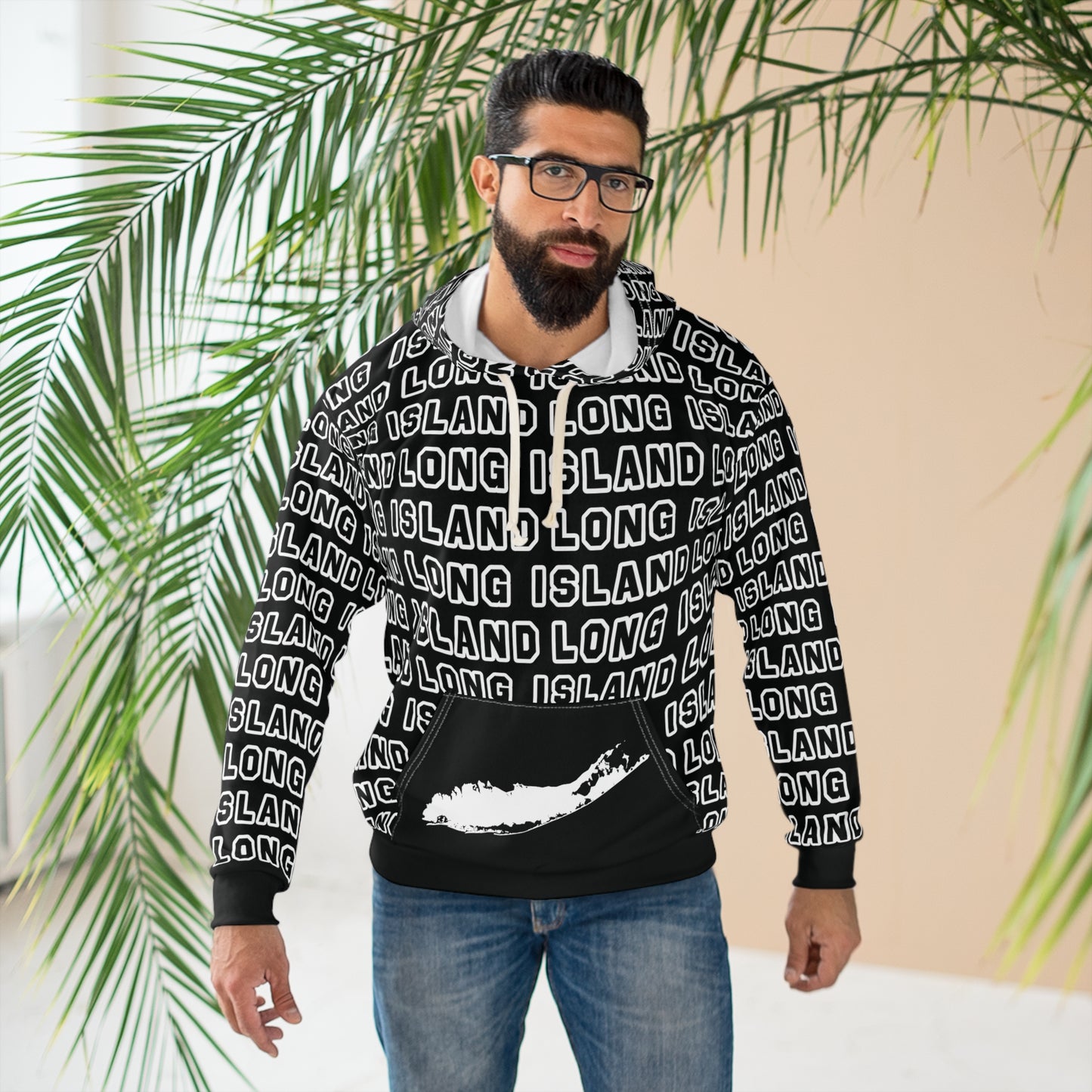 What's Up Long Island? Unisex Pullover All-Over Print Hoodie map on pocket, Cozy Sweatshirt, Perfect Gift for Friends