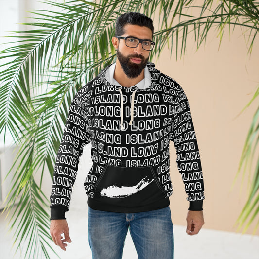 What's Up Long Island? Unisex Pullover All-Over Print Hoodie map on pocket, Cozy Sweatshirt, Perfect Gift for Friends