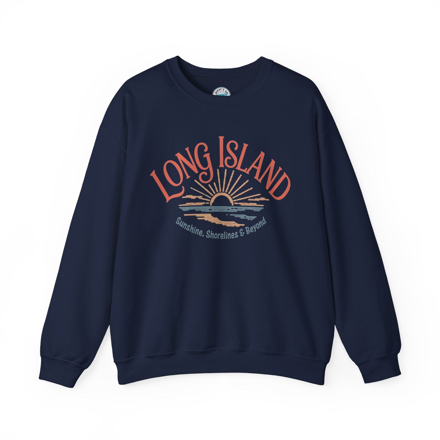 What's Up Long Island? Sunshine, Shorelines & Beyond - Sunset Crewneck Sweatshirt – Beach Vibes, Shoreline Graphic
