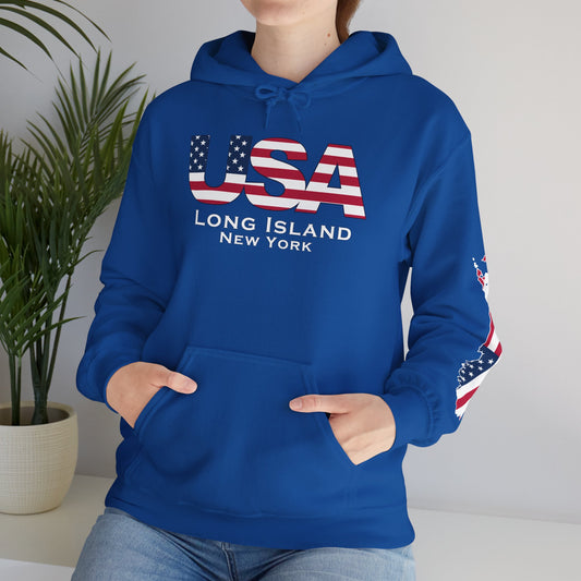 USA What's Up Long Island? Flag Hooded Sweatshirt - Unisex Heavy Blend™
