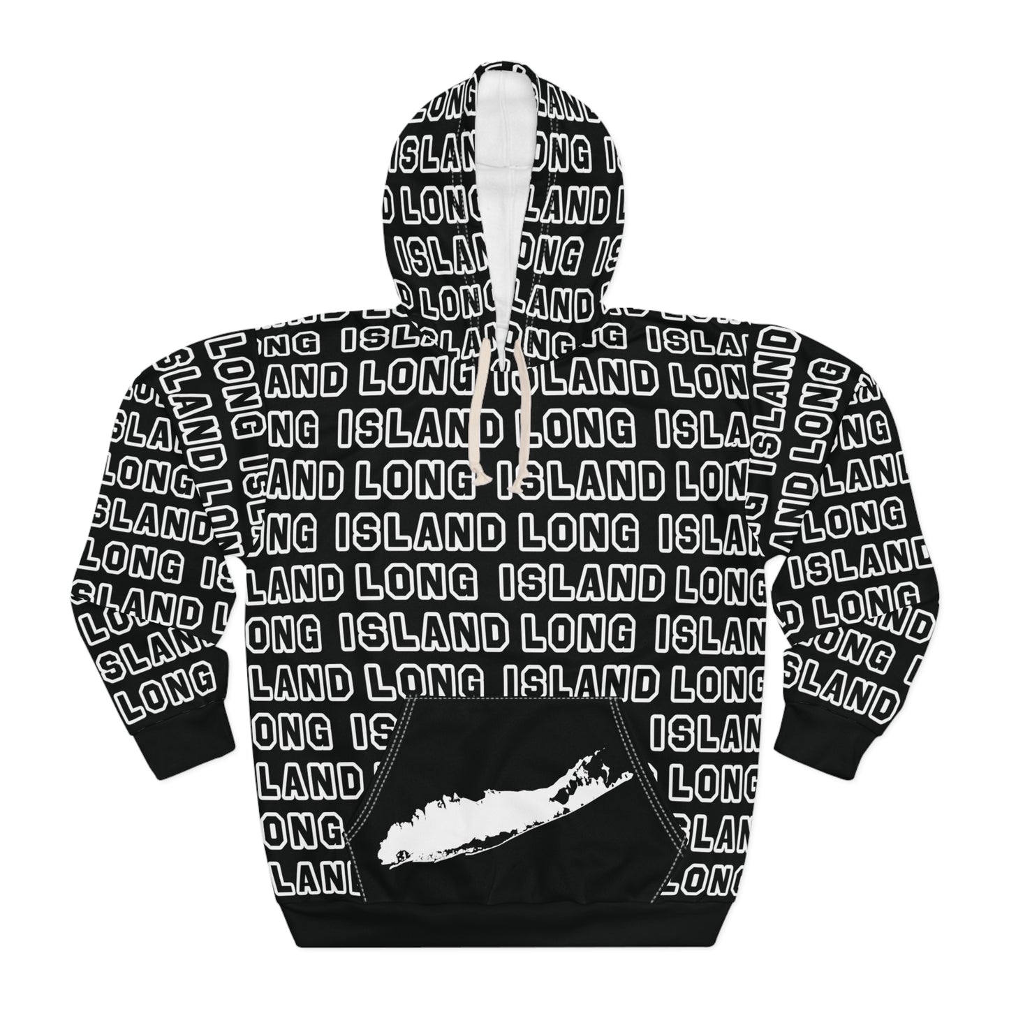 What's Up Long Island? Unisex Pullover All-Over Print Hoodie map on pocket, Cozy Sweatshirt, Perfect Gift for Friends