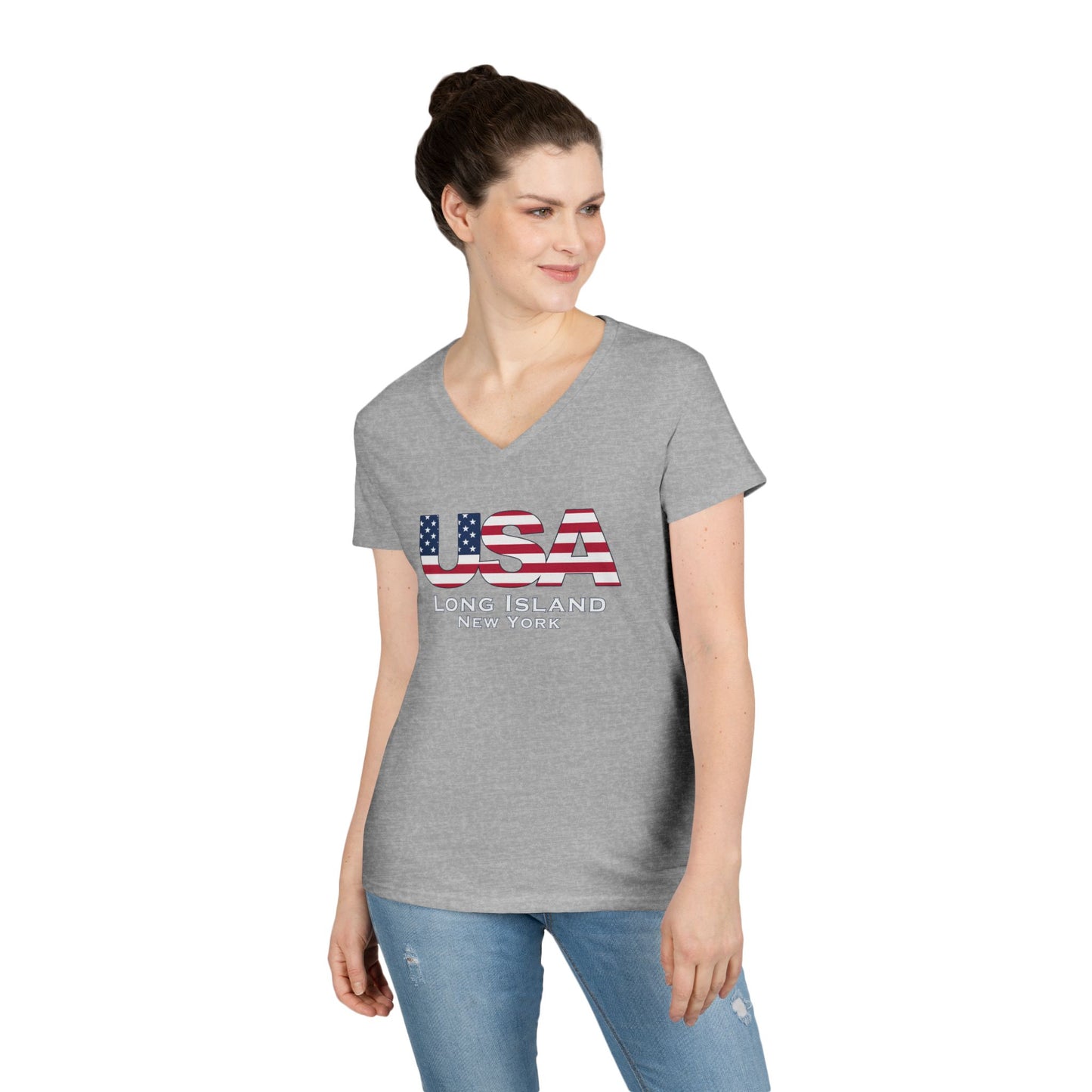USA What's Up Long Island? Ladies' V-Neck T-Shirt | Patriotic Top, Summer Wear, Travel Tee, Gift for Her, Independence Day