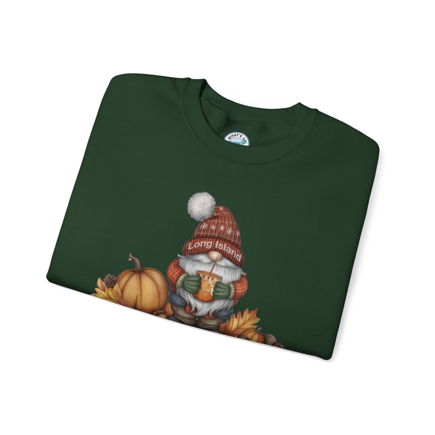 What's Up Long Island? Fall Gnome Sweatshirt: Pumpkin Spice Vibes, Cozy Autumn Apparel, Thanksgiving Gift, Unisex Crewneck, Seasonal Style