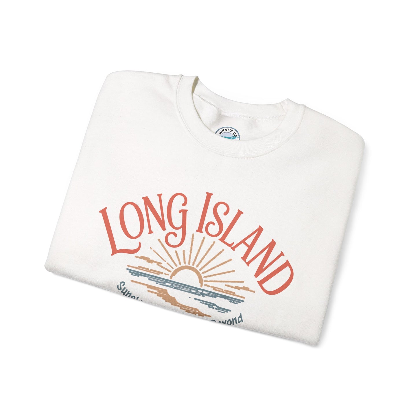 What's Up Long Island? Sunshine, Shorelines & Beyond - Sunset Crewneck Sweatshirt – Beach Vibes, Shoreline Graphic