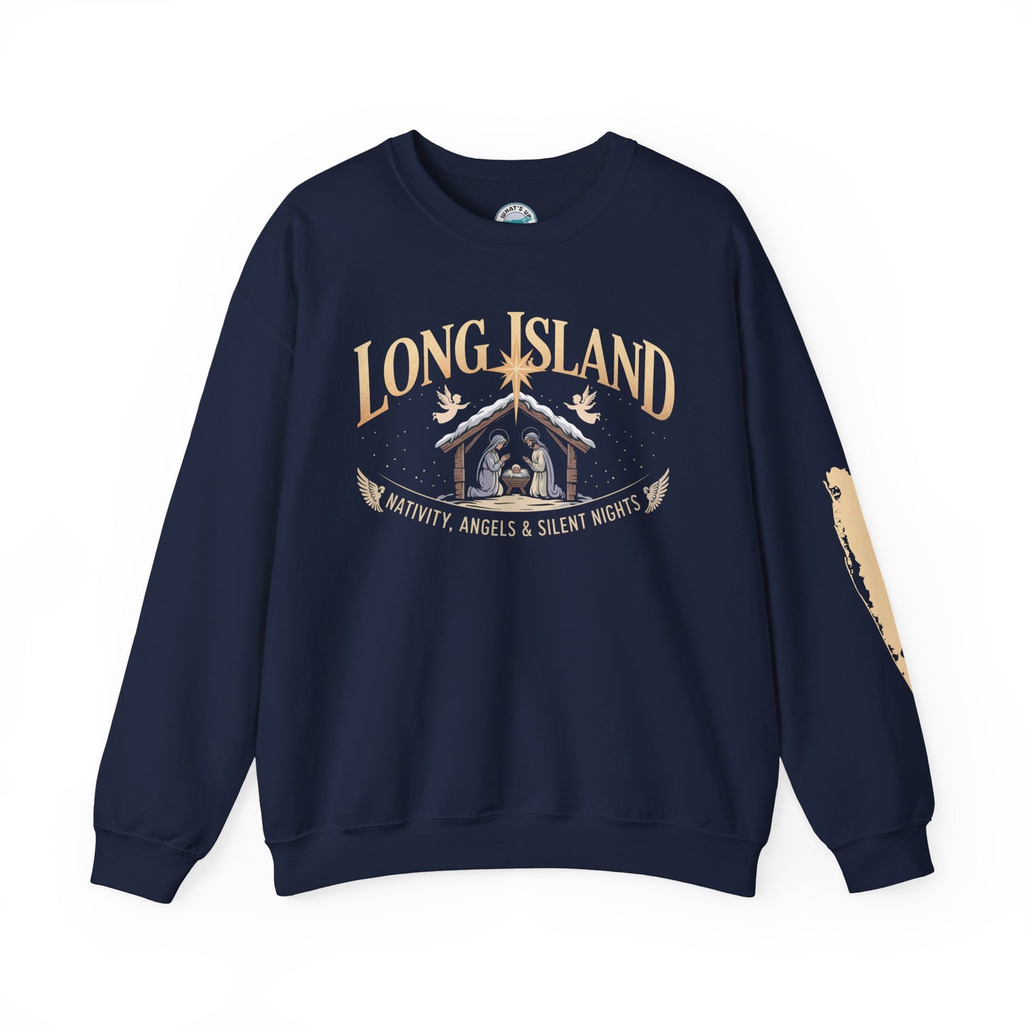 What's Up Long Island? Nativity, Angels & Silent Nights Unisex Crewneck Sweatshirt | Cozy Holiday Apparel, Gift for Christmas