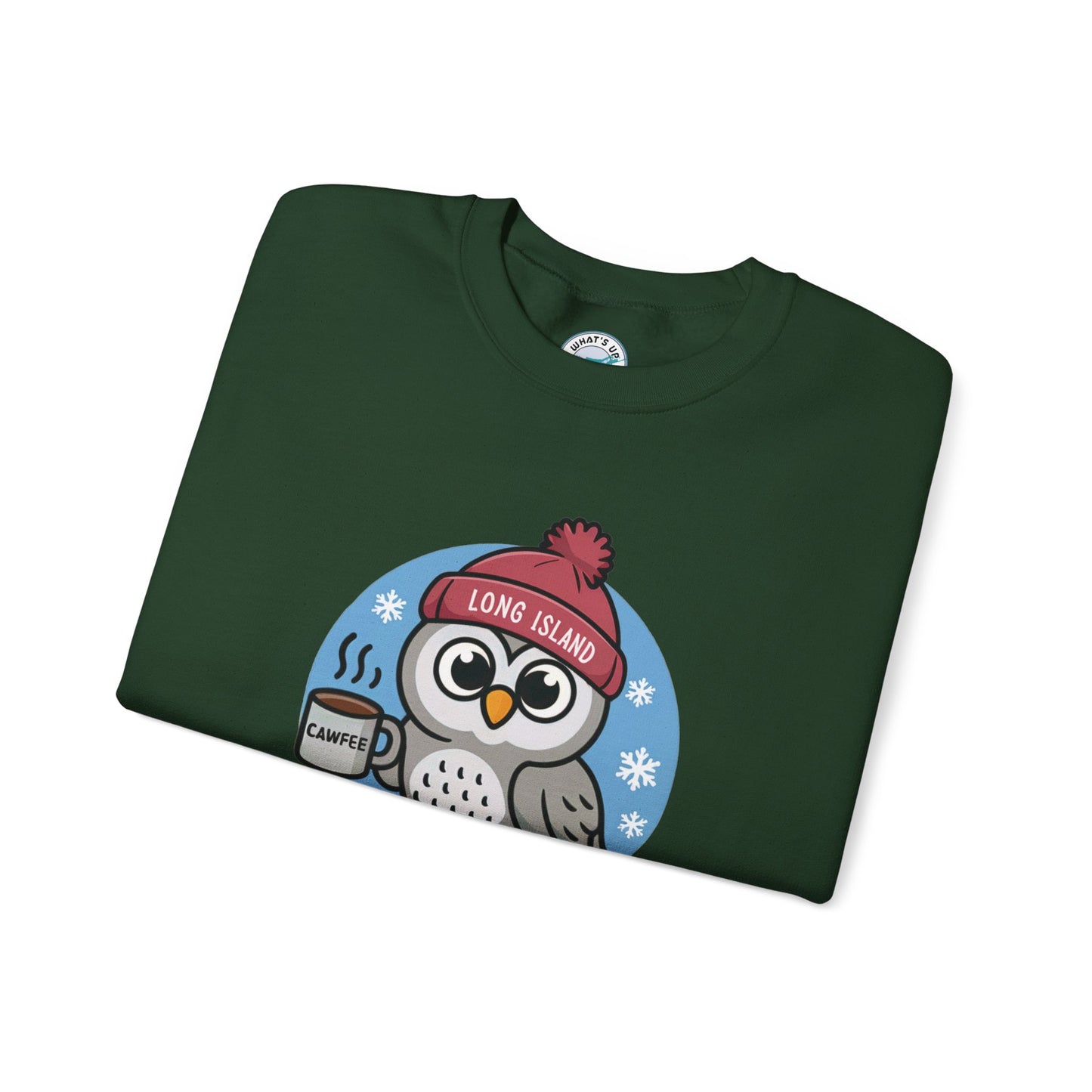 What's Up Long Island?  Cawfee Theme, Cute Winter Owl Sweatshirt, Holiday Gift, Cozy Winter Wear, Unisex Apparel