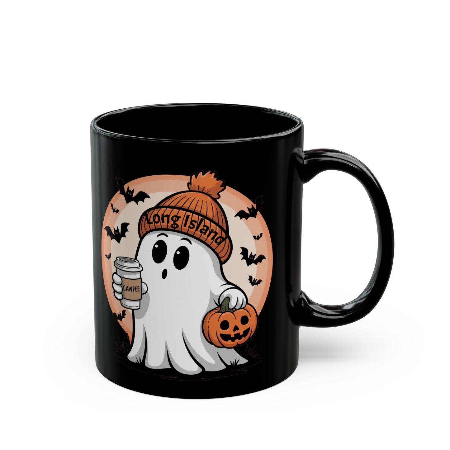 Spooky What's Up Long Island? Cawfee Ghost Mug with Pumpkin | Halloween Coffee Cup | Long Island Spirit | Perfect Gift for Fall, Halloween Decor, Ghost Lovers