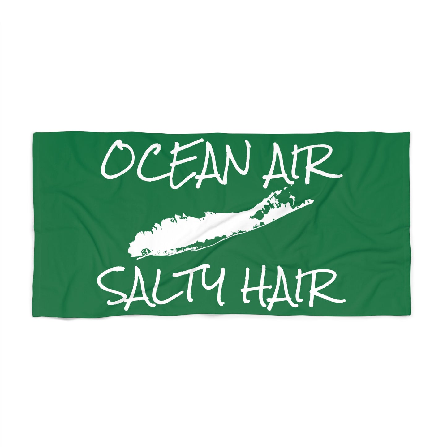 What's Up Long Island? Green Beach Towel - Ocean Air, Salty Hair with Map of Long Island