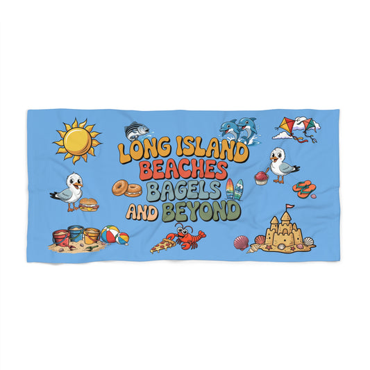 What's Up  Long Island? Cute Light Blue Beach Towel 30 x 60" with Long Island Beaches Design, perfect large beach towel for little ones to sit on or snuggle with
