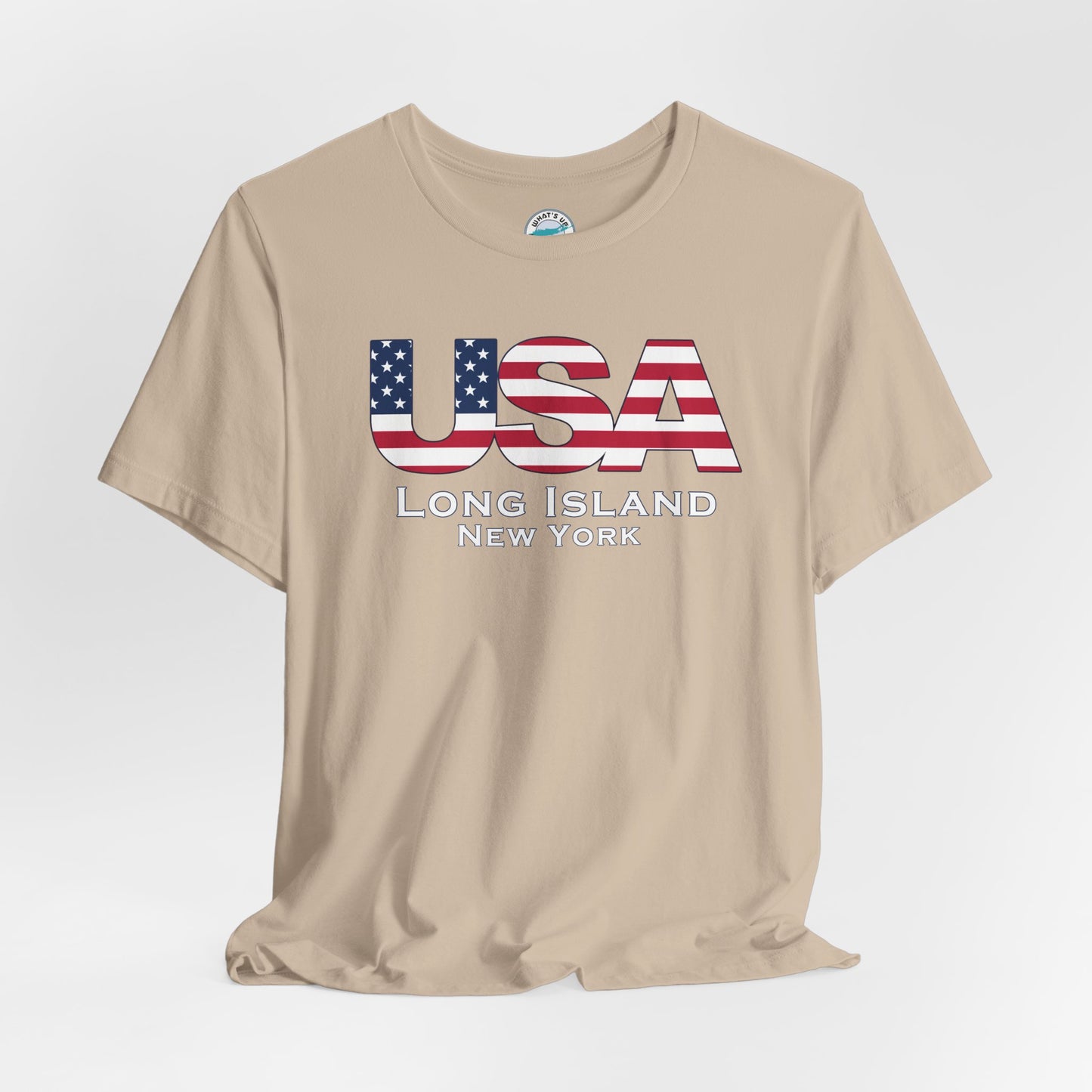 USA What's Up Long Island? Flag Tee - Unisex Jersey Short Sleeve Shirt - Print on front and back