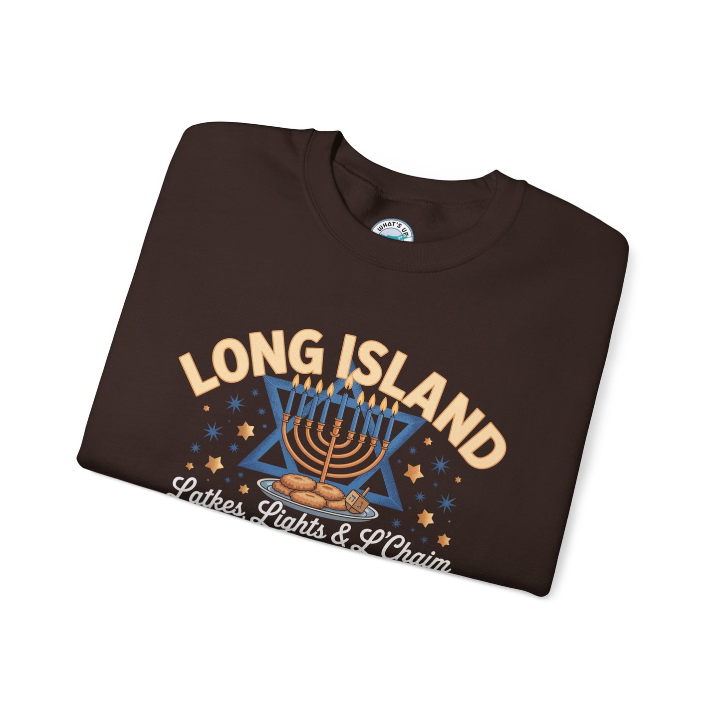 What's Up Long Island? Latkes, Lights & L'Chaim - Menorah Sweatshirt, Cozy Crewneck for Celebrations, Hanukkah Gift, Unisex Sweatshirt, Festive Holiday Apparel, Jewish Pride Wear