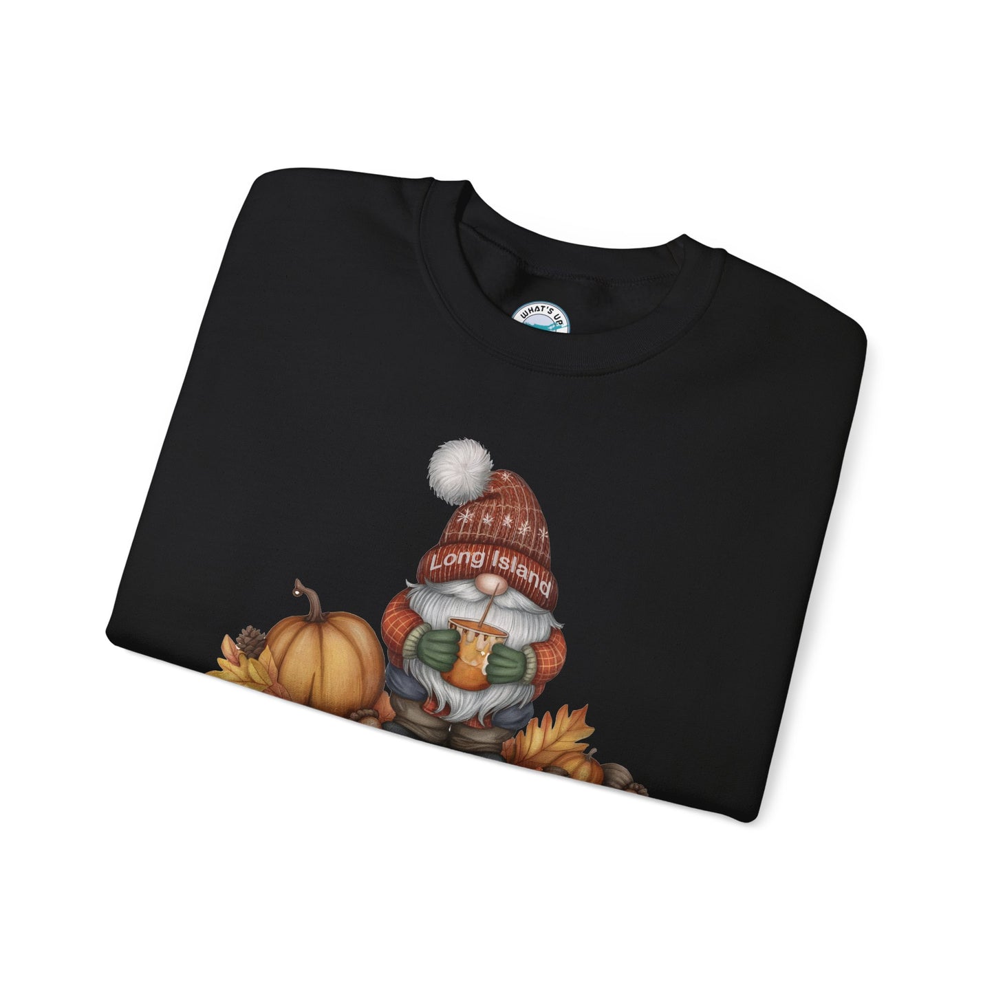 What's Up Long Island? Fall Gnome Sweatshirt: Pumpkin Spice Vibes, Cozy Autumn Apparel, Thanksgiving Gift, Unisex Crewneck, Seasonal Style