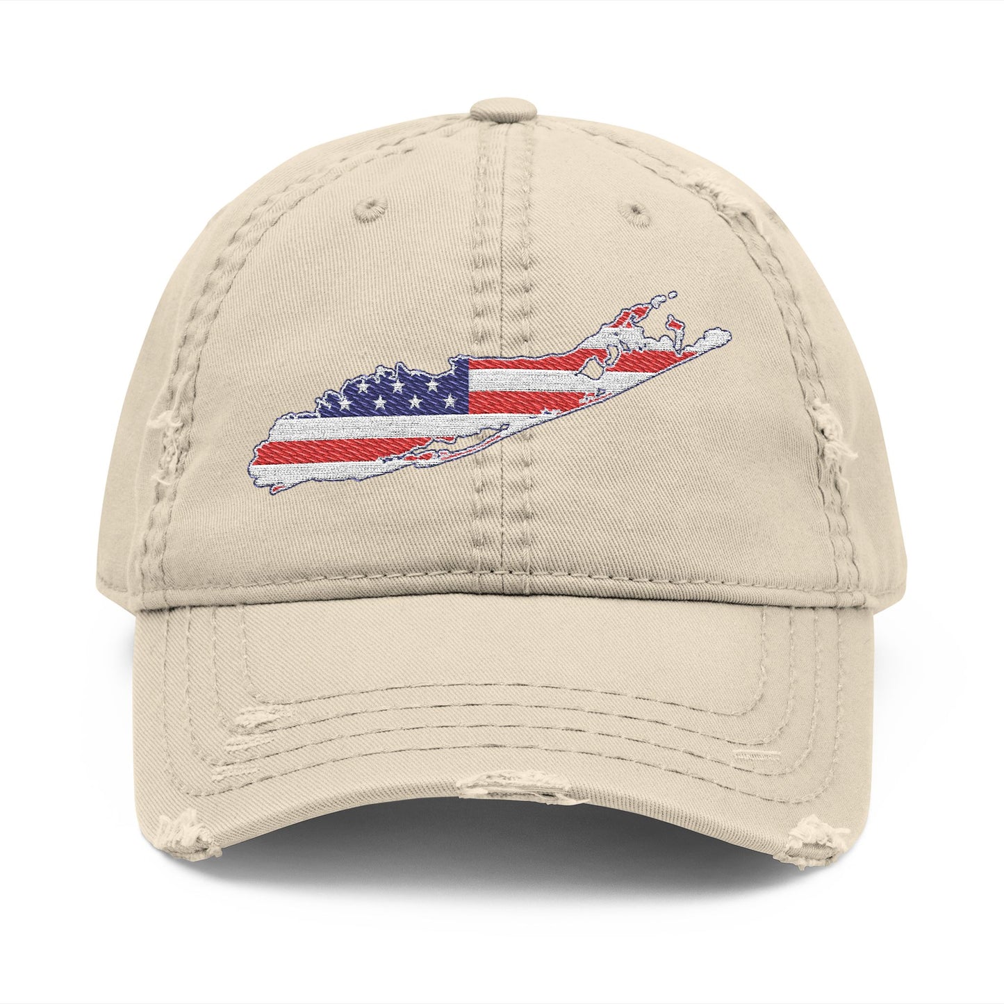 What's Up Long Island? Distressed Embroidered USA Flag Hat — Long Island American State Baseball Cap