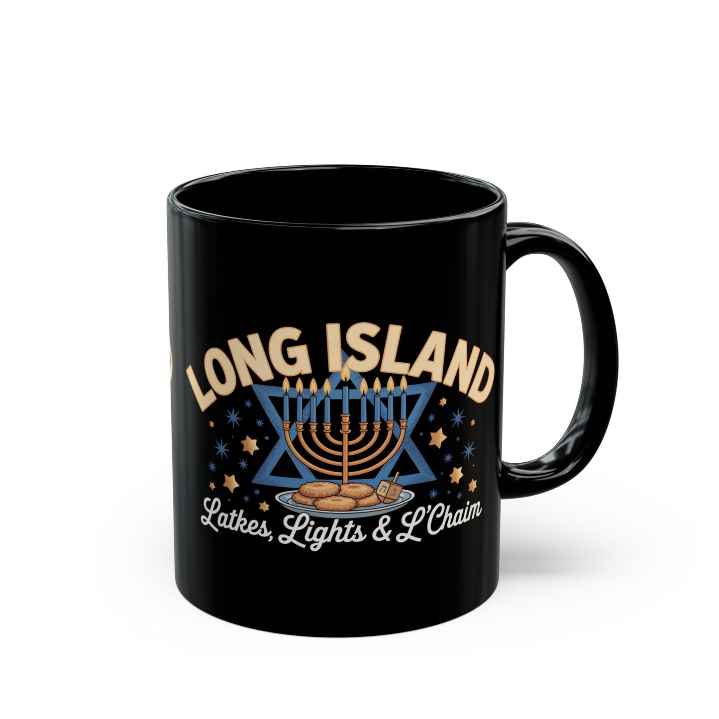 What's Up Long Island? Hanukkah Mug, Festive Black Coffee Cup, Latkes & L'Chaim Gift, Jewish Holiday Decor, Menorah Design
