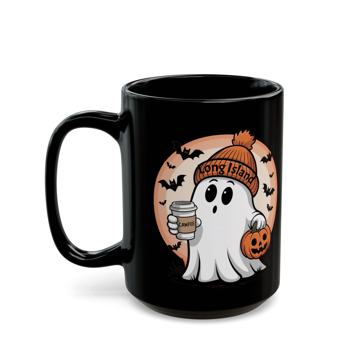 Spooky What's Up Long Island? Cawfee Ghost Mug with Pumpkin | Halloween Coffee Cup | Long Island Spirit | Perfect Gift for Fall, Halloween Decor, Ghost Lovers