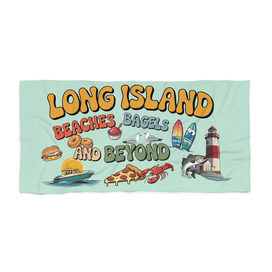 What's Up Long Island? Sea Foam Color, Beaches, Bagels and Beyond Beach Towel - Fun Summer Vibes for Long Island Beach Lovers