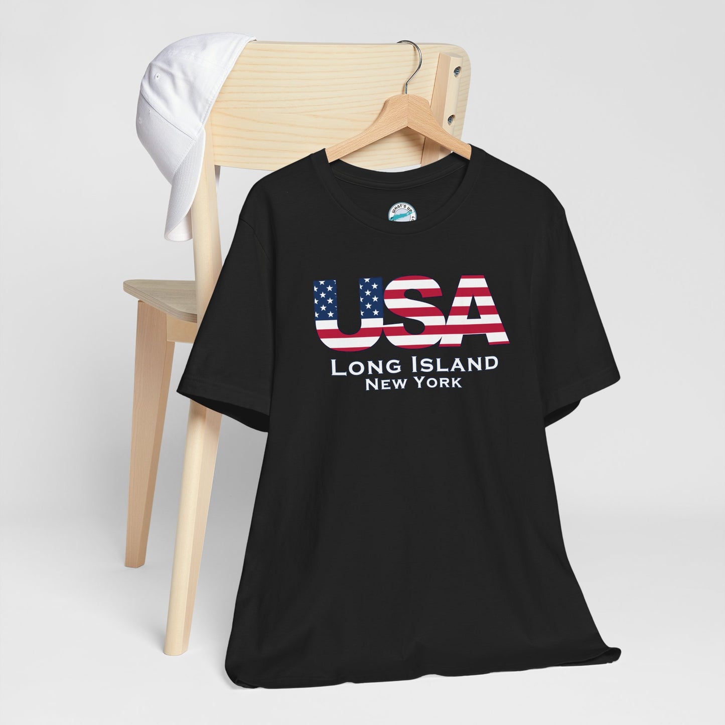 USA What's Up Long Island? Flag Tee - Unisex Jersey Short Sleeve Shirt - Print on front and back