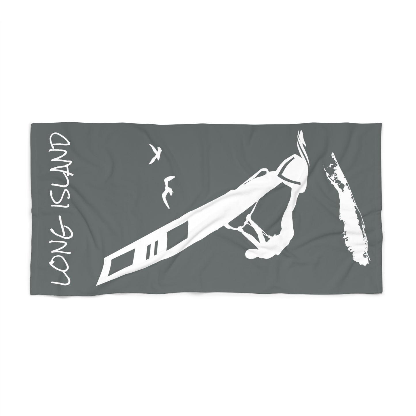 What's Up Long Island? Grey Windsurfing Beach Towel — Nautical Surf & Seagull Design