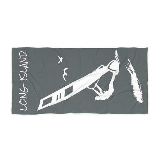 What's Up Long Island? Grey Windsurfing Beach Towel — Nautical Surf & Seagull Design