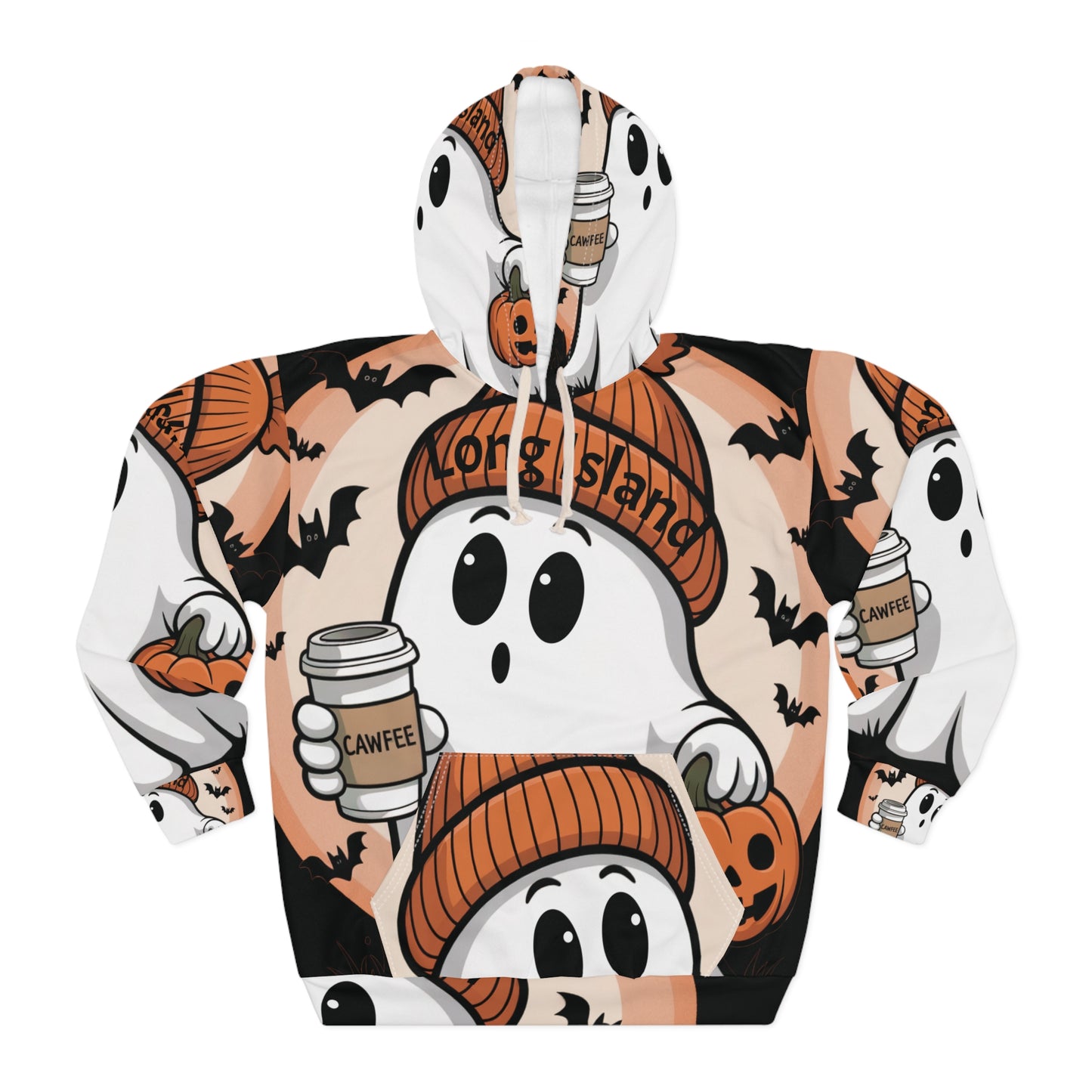 What's Up Long Island? Cawfee Ghost - Unisex Pullover All-Over Print Hoodie, Cozy Sweatshirt