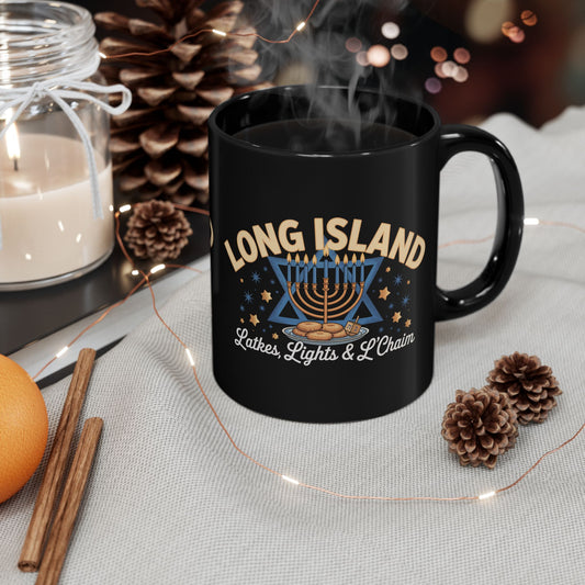 What's Up Long Island? Hanukkah Mug, Festive Black Coffee Cup, Latkes & L'Chaim Gift, Jewish Holiday Decor, Menorah Design