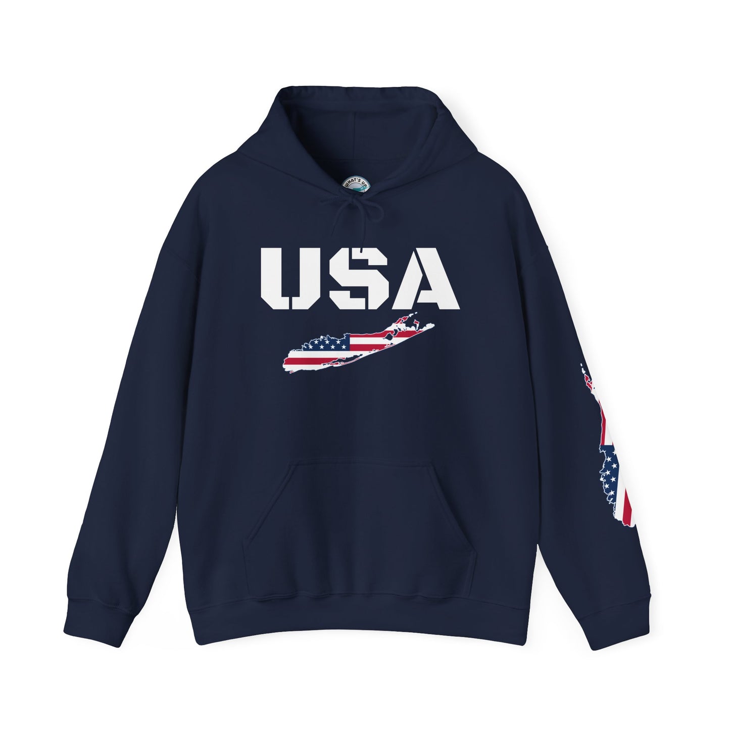 Patriotic Unisex Hooded Sweatshirt | Cozy USA What's Up Long Island? Flag Hoodie | Perfect for Independence Day