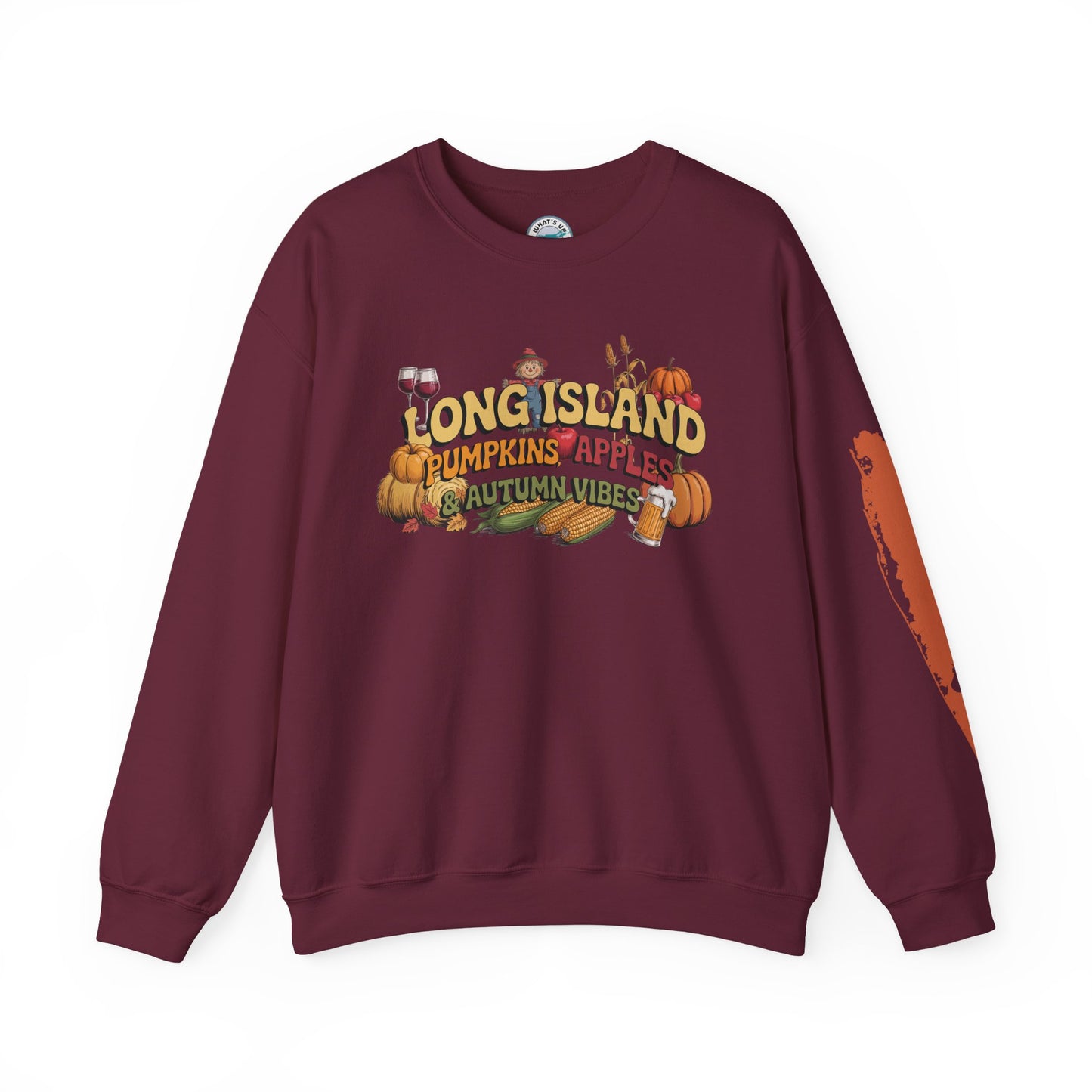 What's Up Long Island? Pumpkin, Apples & Autumn Vibes Crewneck Sweatshirt | Fall Sweater, Unisex Apparel, Thanksgiving Gift