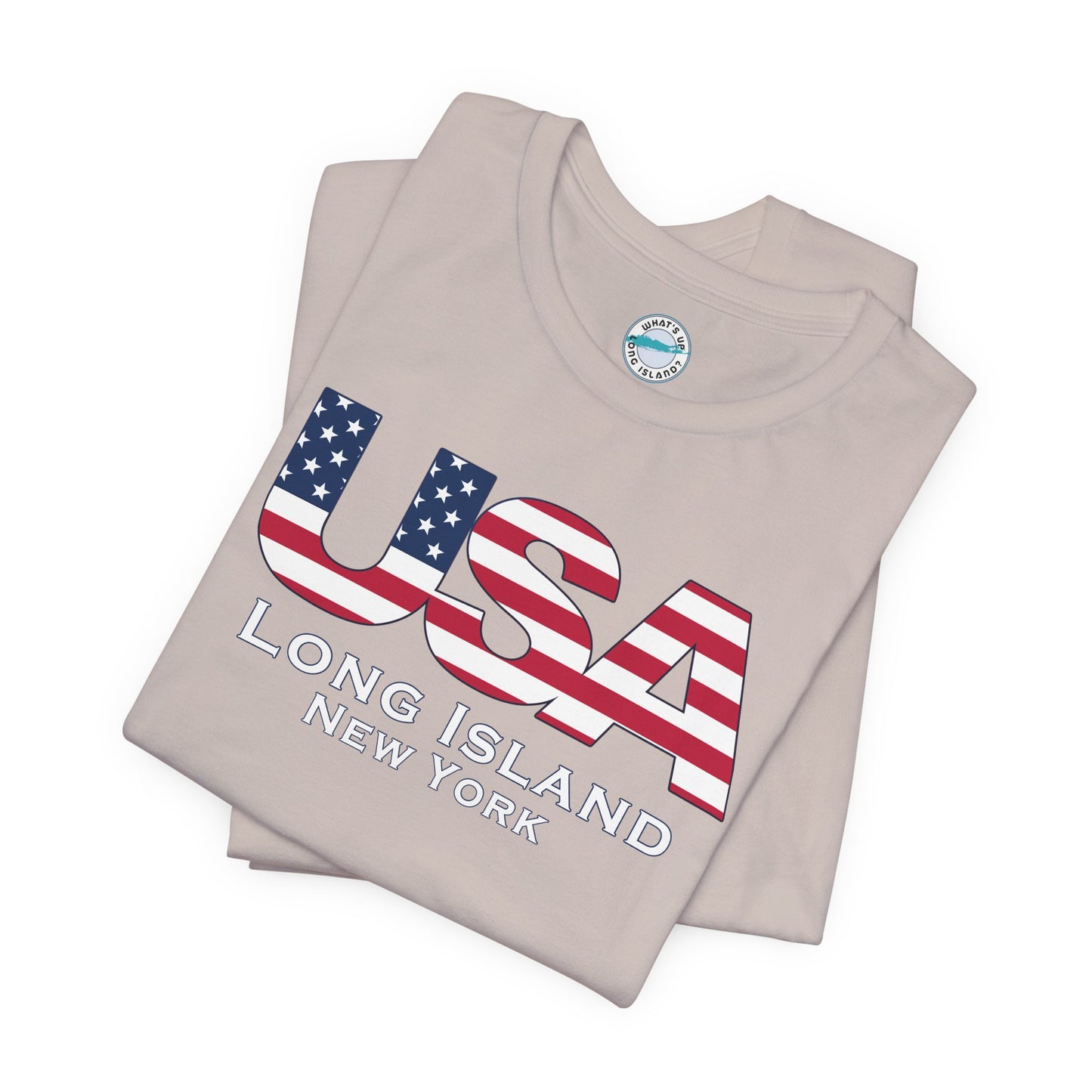 USA What's Up Long Island? Flag Tee - Unisex Jersey Short Sleeve Shirt - Print on front and back