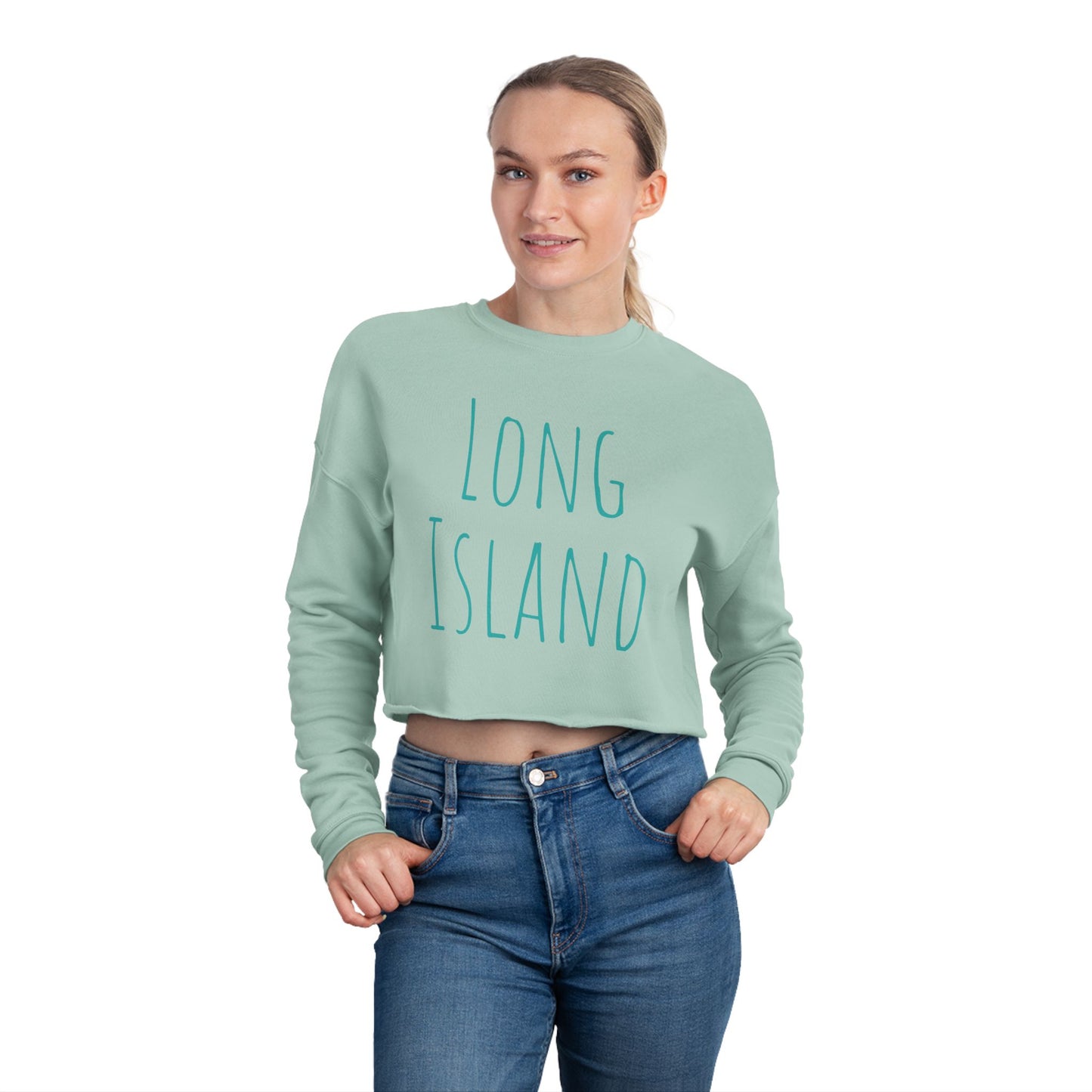 What's Up Long Island? Women's Cropped Sweatshirt - Print on front and back, Cozy, Stylish, Perfect for Casual Outings