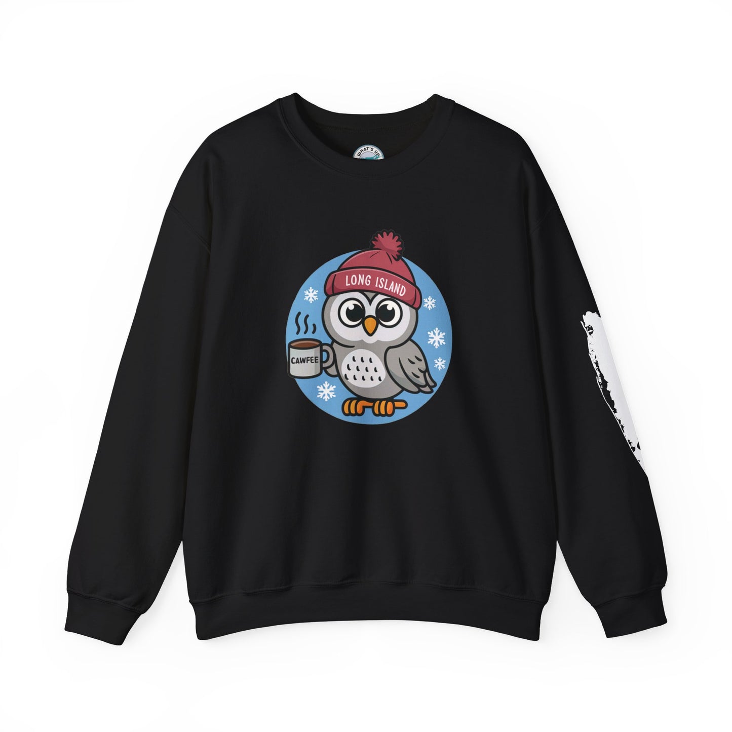 What's Up Long Island?  Cawfee Theme, Cute Winter Owl Sweatshirt, Holiday Gift, Cozy Winter Wear, Unisex Apparel