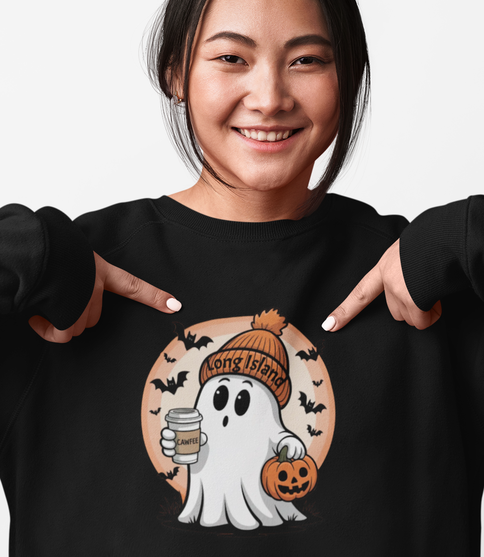 What's Up Long Island?  Cawfee Theme, Cute Halloween Ghost Sweatshirt, Halloween Gift, Cozy Autumn Wear, Unisex Apparel