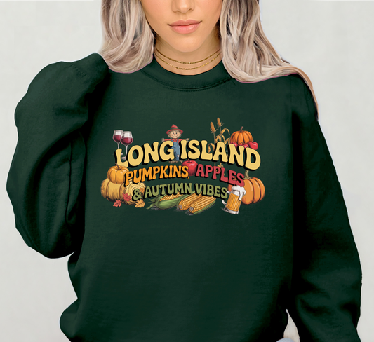 What's Up Long Island? Pumpkin, Apples & Autumn Vibes Crewneck Sweatshirt | Fall Sweater, Unisex Apparel, Thanksgiving Gift