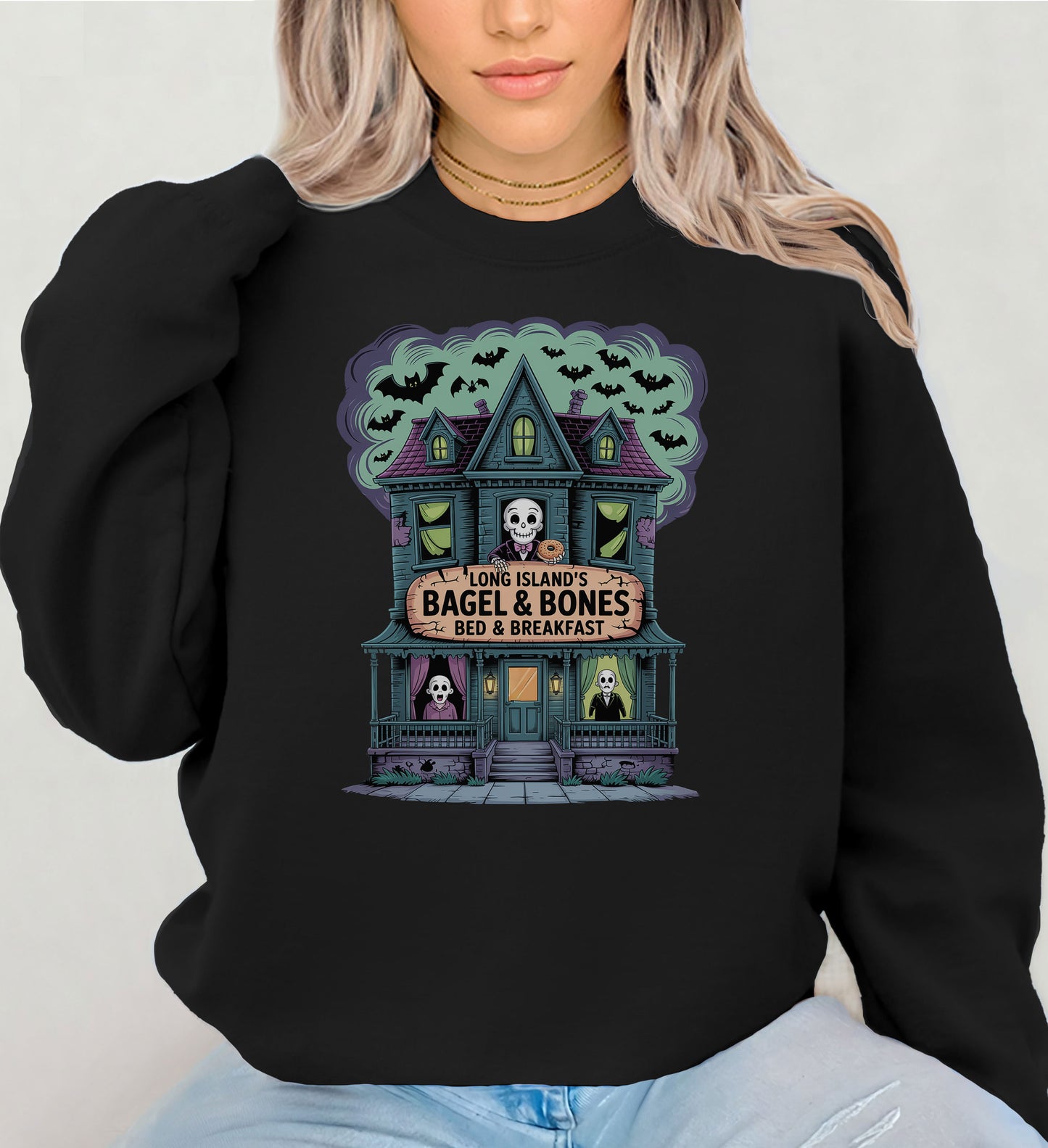 What's Up Long Island? Bagel and Bones Bed and Breakfast Spooky House Crewneck Sweatshirt - Perfect for Halloween, Unisex Sweatshirt