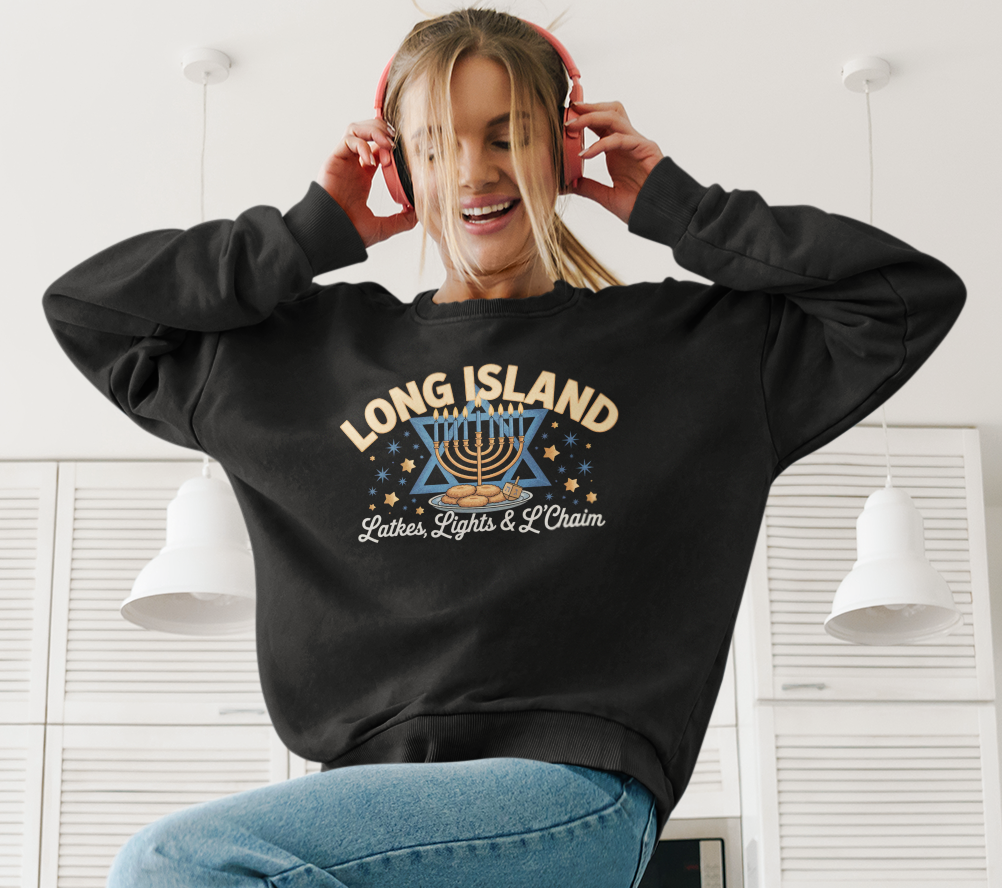 What's Up Long Island? Latkes, Lights & L'Chaim - Menorah Sweatshirt, Cozy Crewneck for Celebrations, Hanukkah Gift, Unisex Sweatshirt, Festive Holiday Apparel, Jewish Pride Wear
