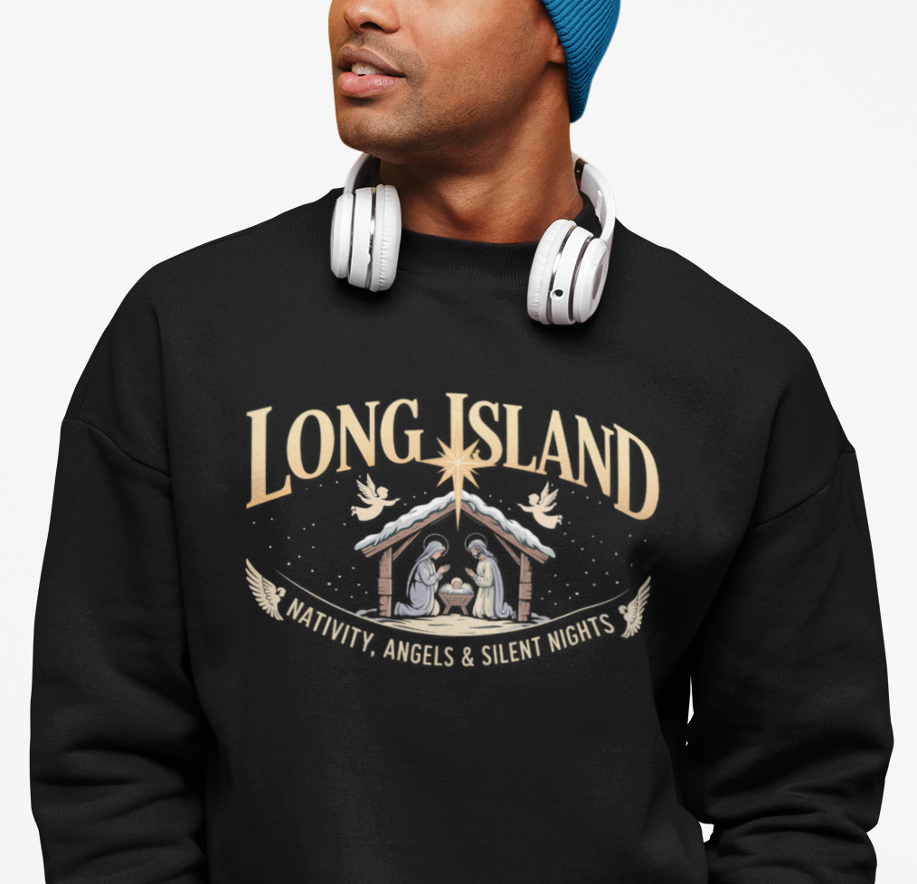 What's Up Long Island? Nativity, Angels & Silent Nights Unisex Crewneck Sweatshirt | Cozy Holiday Apparel, Gift for Christmas